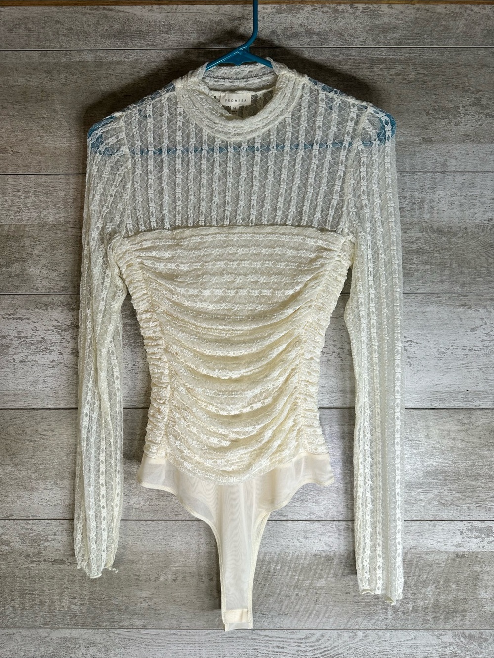 Promesa Mock Neck Lace Ruched Long Sleeve Bodysuit Cream M
